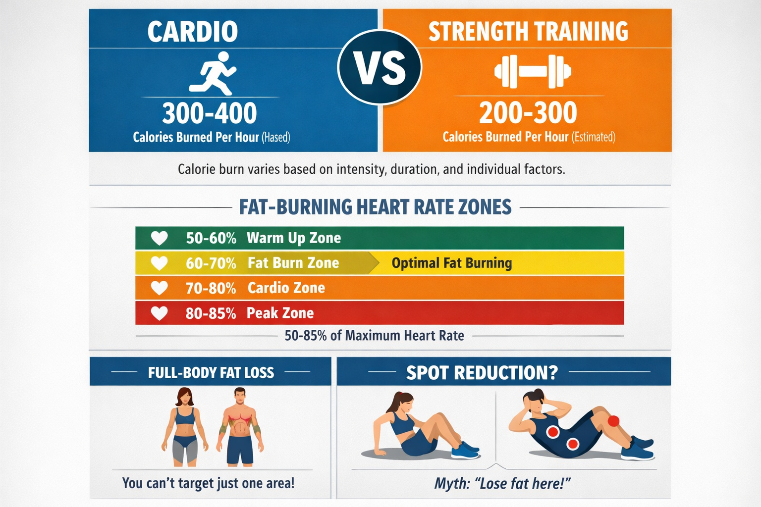 Split-panel exercise comparison infographic: cardio vs strength training calorie burn rates, fat-burning heart rate zones