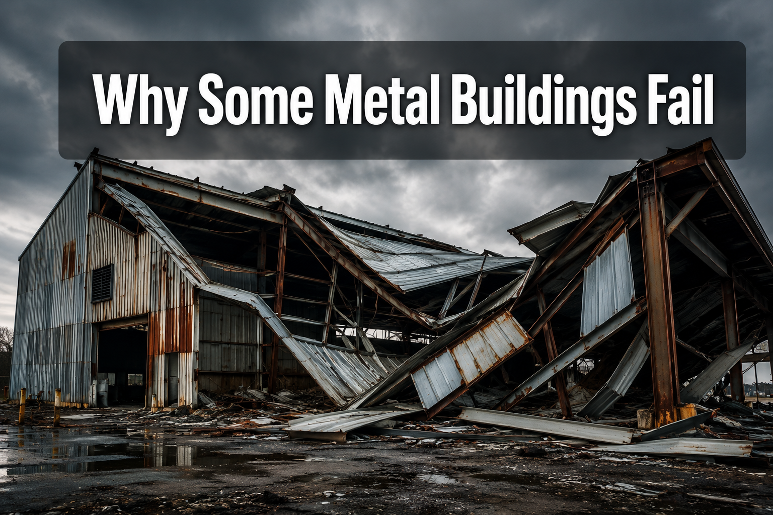 Professional () hero image with : 'Why Some Metal Buildings Fail' in extra large white with dark drop , centered in upper