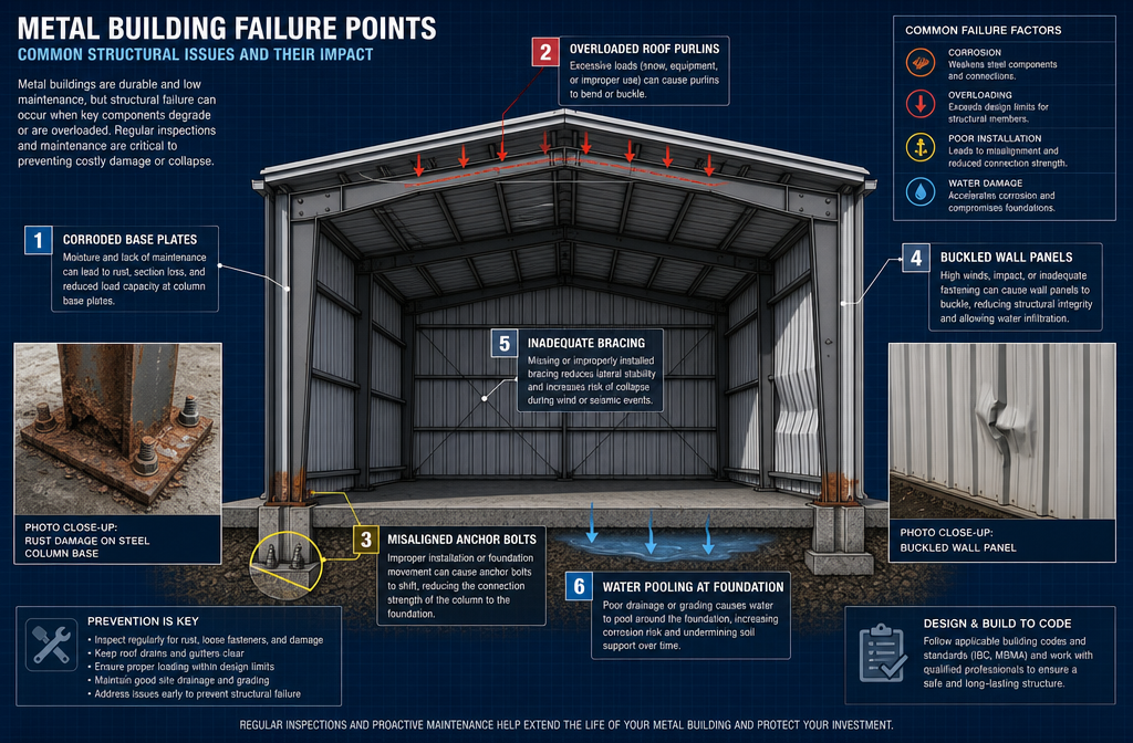 Detailed () educational infographic-style illustration showing a cross-section diagram of a metal building with labeled