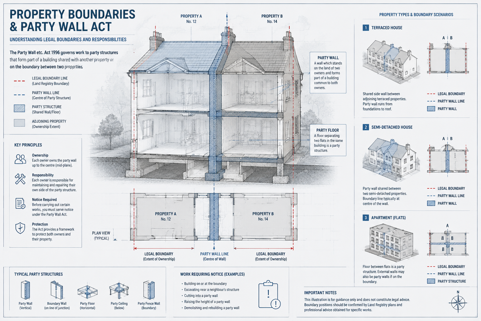 Editorial-style architectural illustration depicting the boundaries between two connected residential properties, with