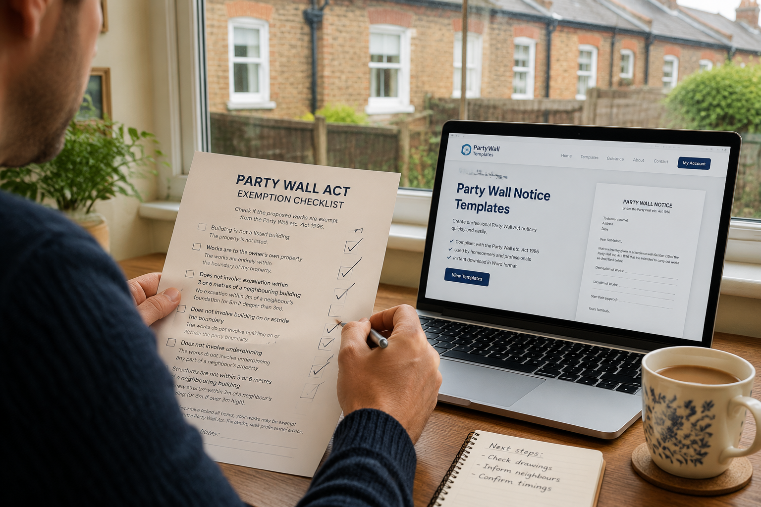 () scene of a homeowner at a kitchen table reviewing a Party Wall Act exemption checklist on paper alongside a laptop