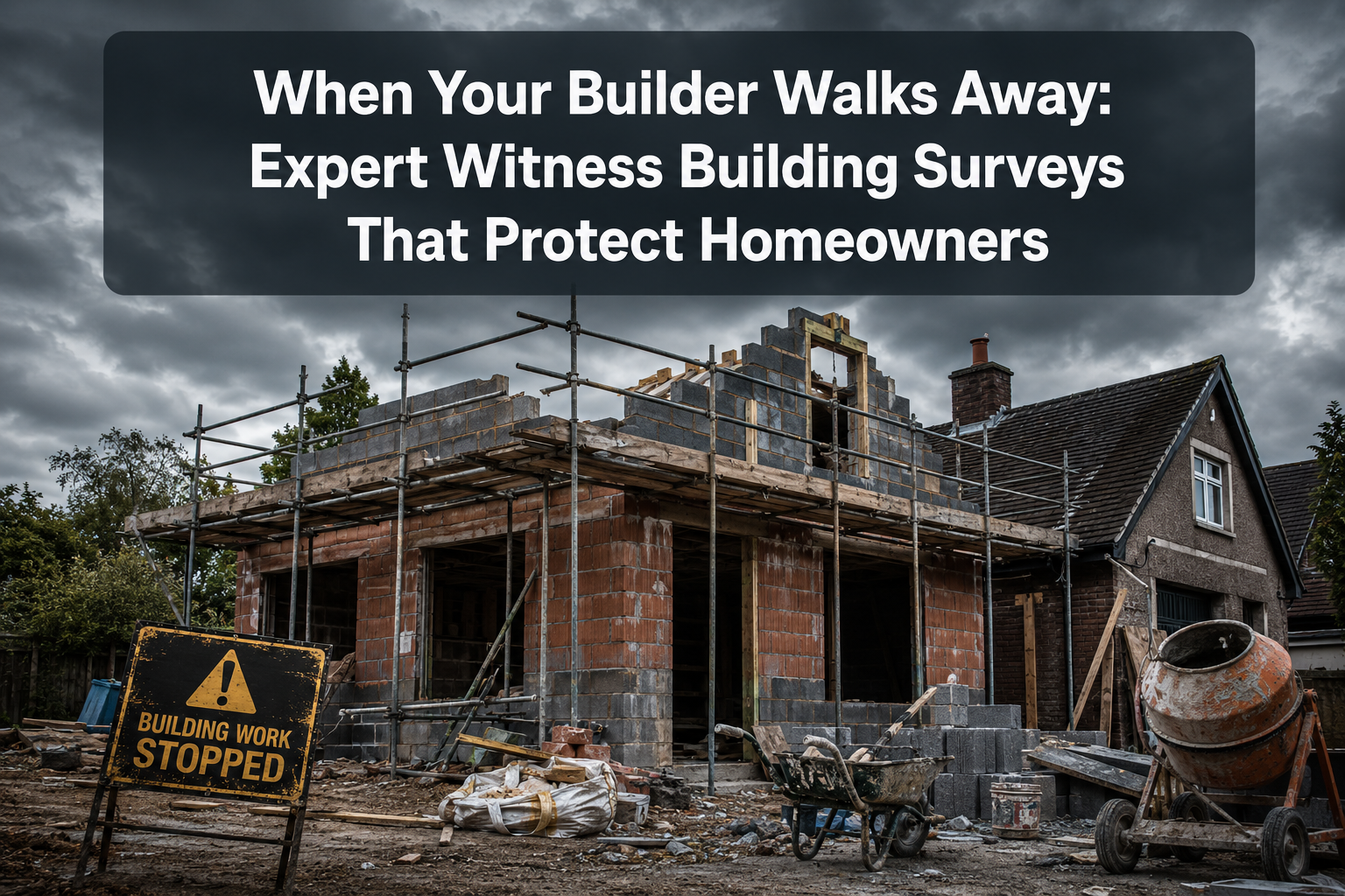 Professional () hero image with : 'When Your Builder Walks Away: Expert Witness Building Surveys That Protect Homeowners',