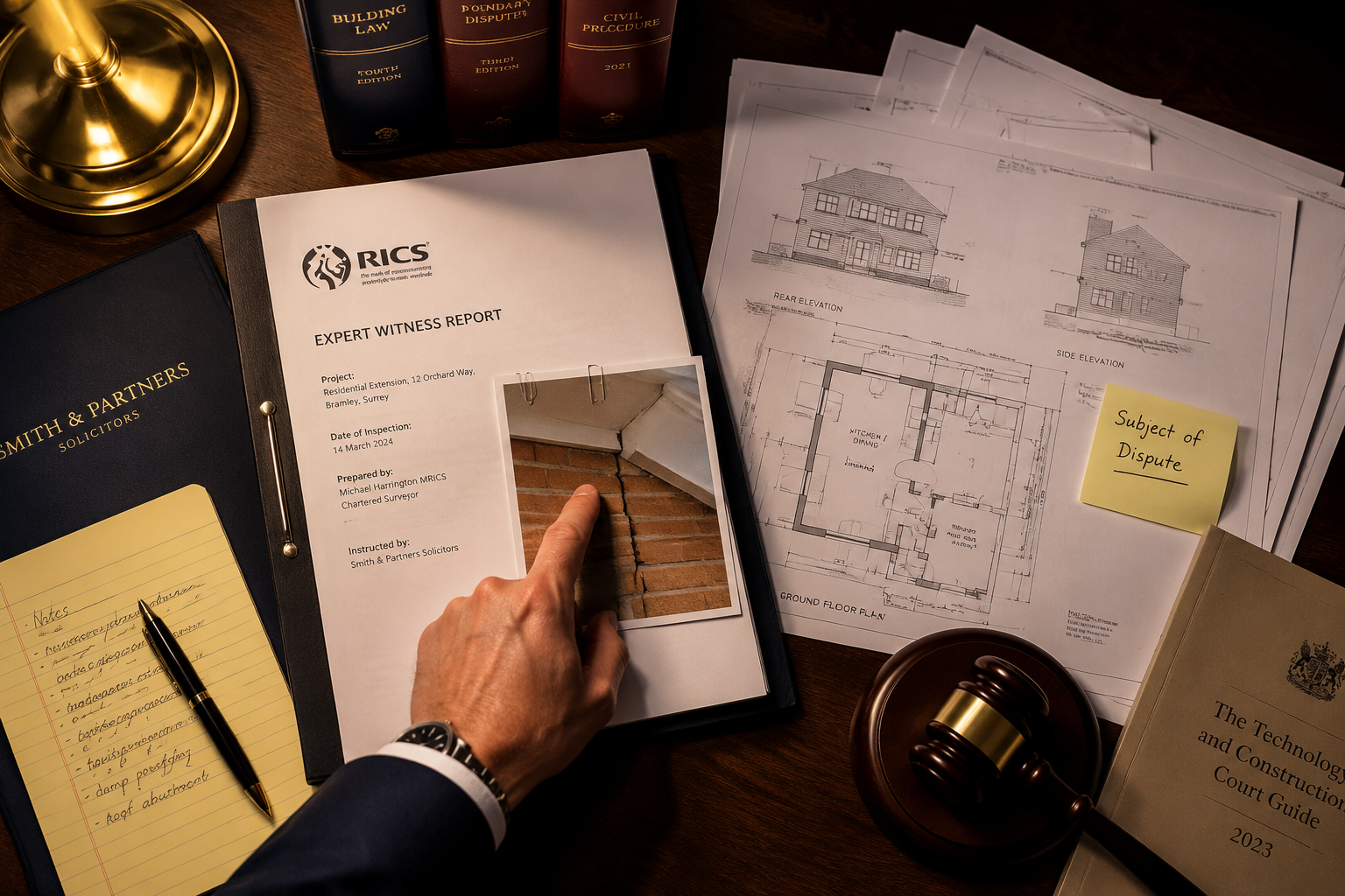 Dramatic overhead bird's-eye view of a solicitor's desk showing spread legal documents, a formal expert witness report with