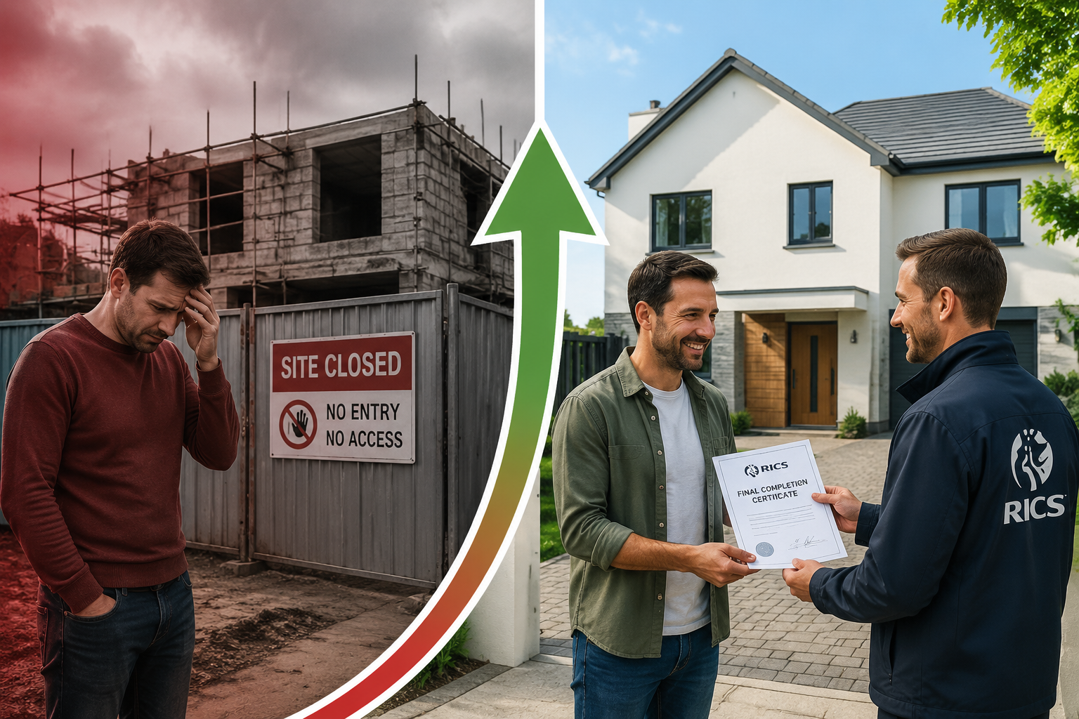 Split-panel infographic-style editorial image: left side shows a distressed homeowner standing outside a half-built property