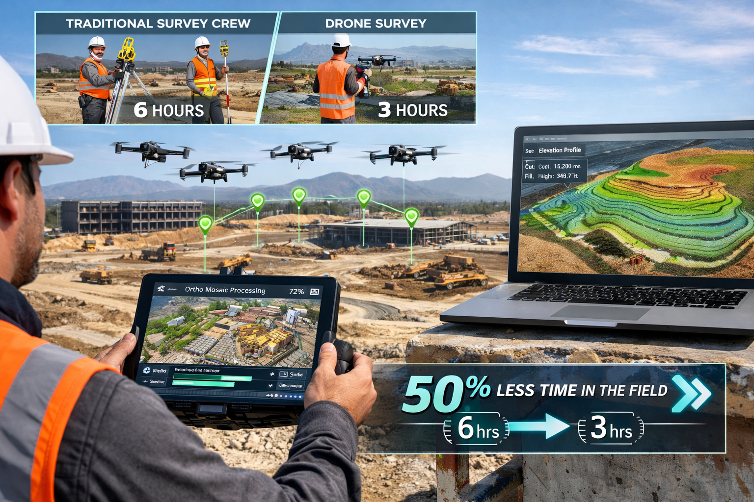 Landscape format (1536x1024) real-world application scene showing construction site surveying workflow using drone technology. Foreground di