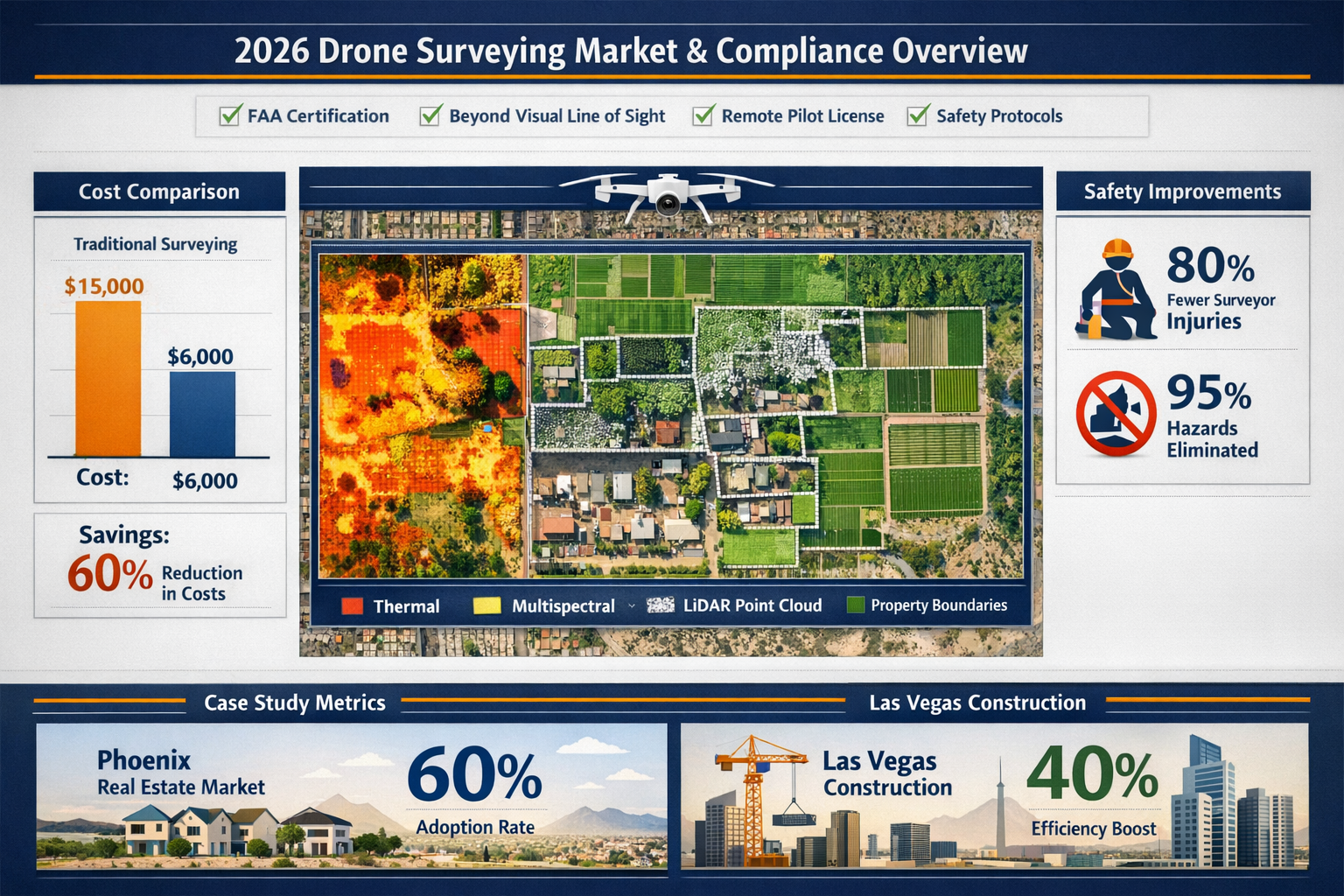 Landscape format (1536x1024) comprehensive data visualization dashboard showing 2026 drone surveying market statistics and regulatory compli