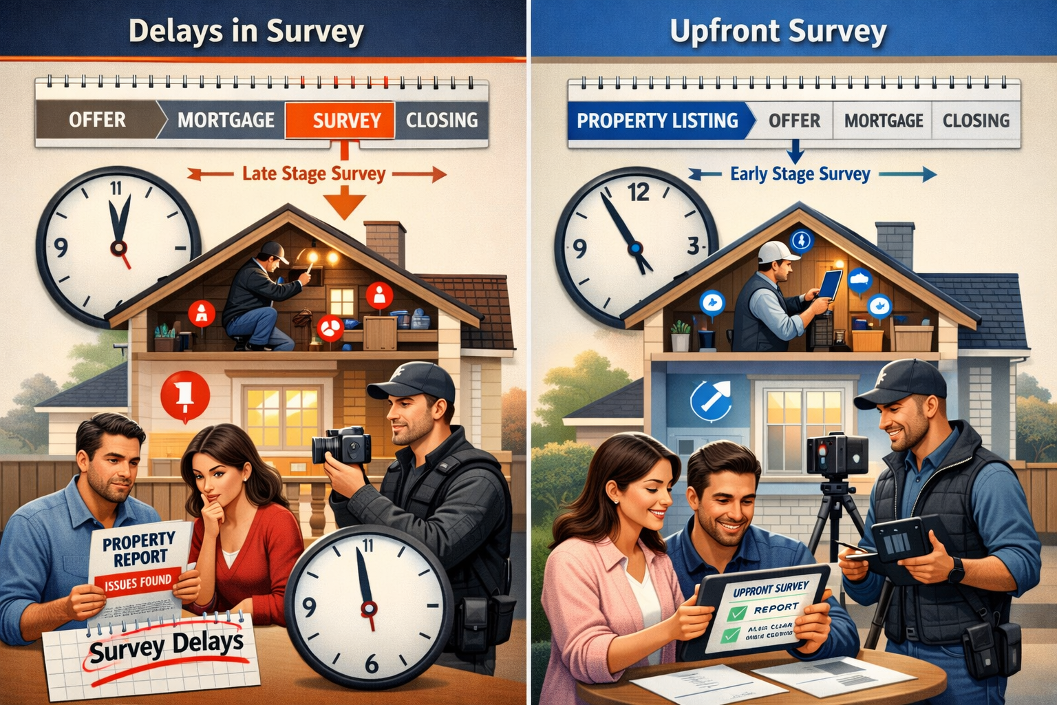 () split-screen composition showing contrasting before-and-after scenarios of homebuying survey timing. Left side depicts