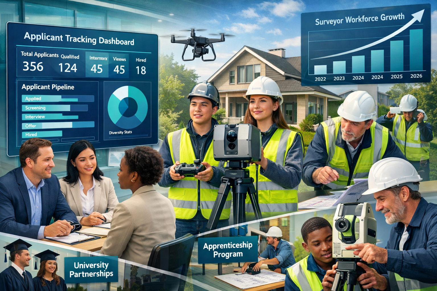 () dynamic recruitment and talent attraction scene showing modern surveying firm's talent acquisition strategy. Visual