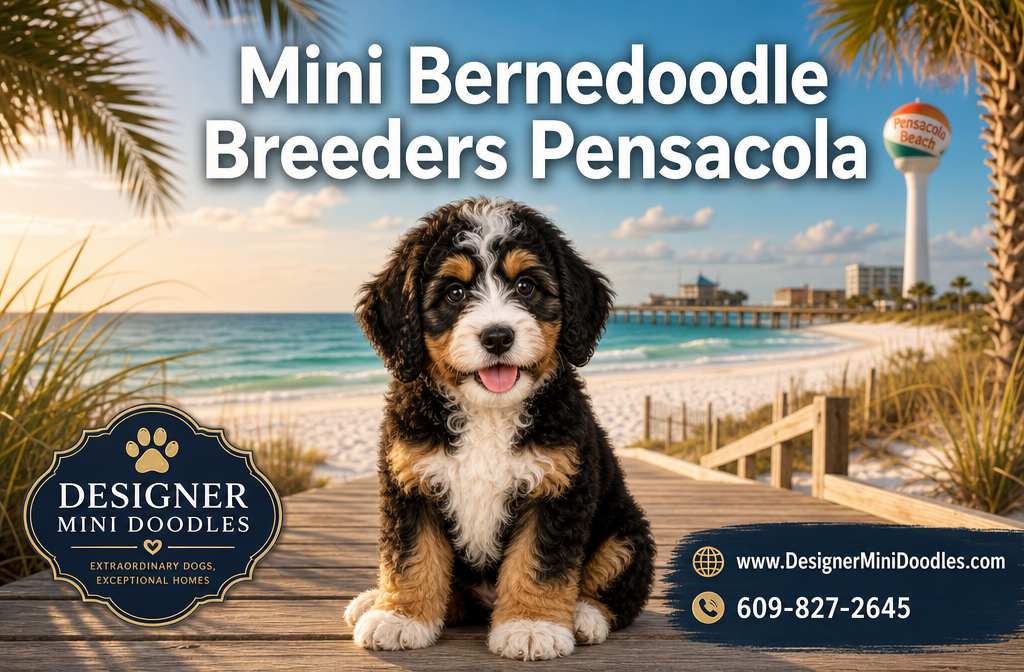 Professional () editorial hero image with : 'Mini Bernedoodle Breeders Pensacola' in modern white text with subtle dark ,