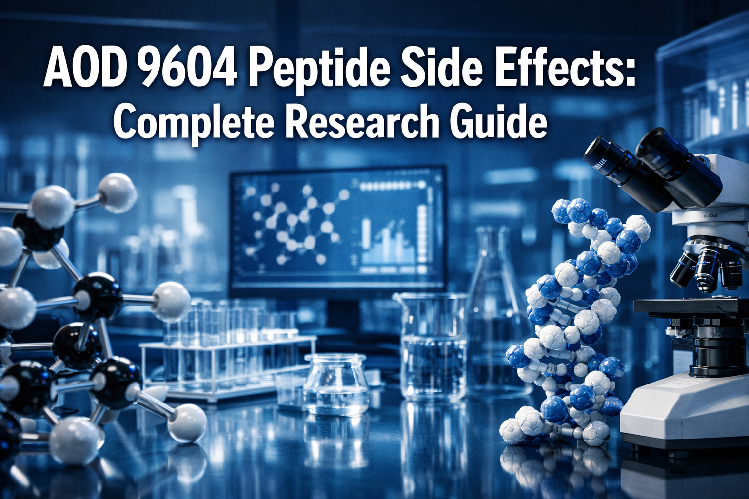 Professional landscape hero image (1536x1024) featuring bold text overlay 'AOD 9604 Peptide Side Effects: Complete Research Guide' in extra 