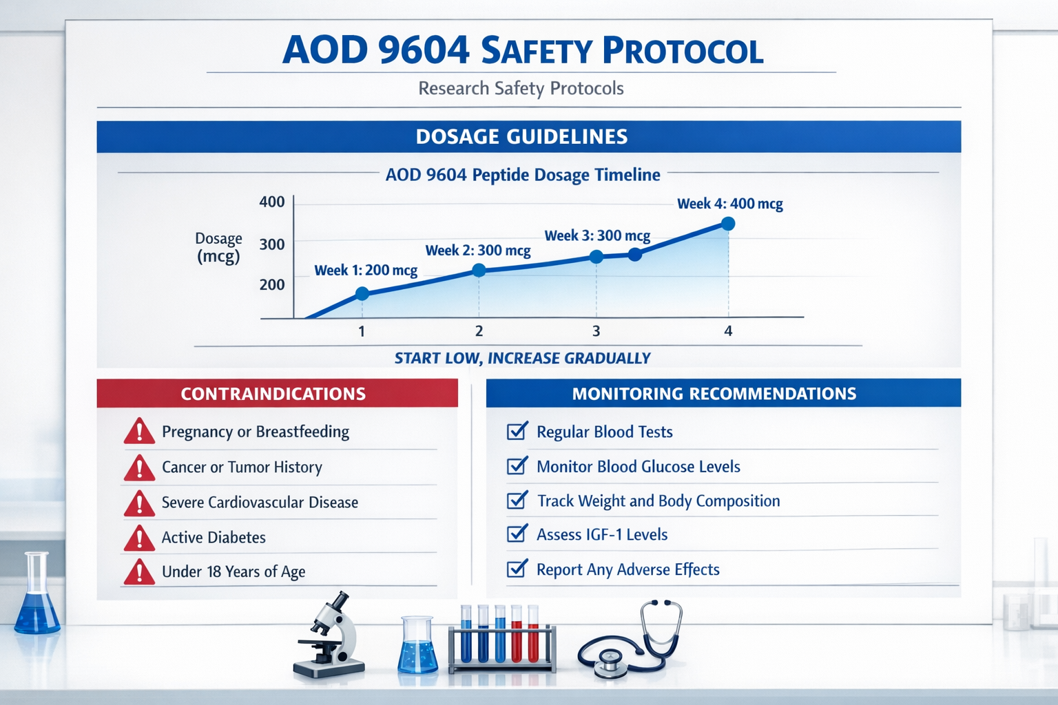 Comprehensive research safety protocol chart displaying AOD 9604 peptide dosage guidelines, contraindications list, and monitoring recommend