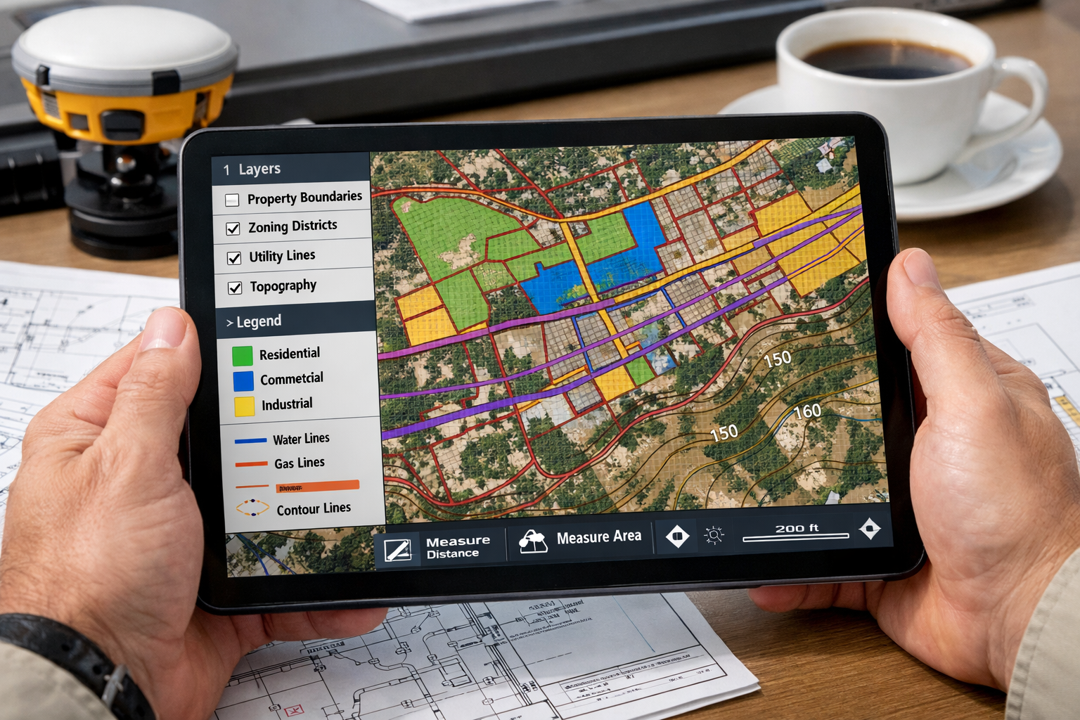 Detailed landscape format (1536x1024) image showing close-up view of professional surveyor's hands holding tablet displaying multi-layered G