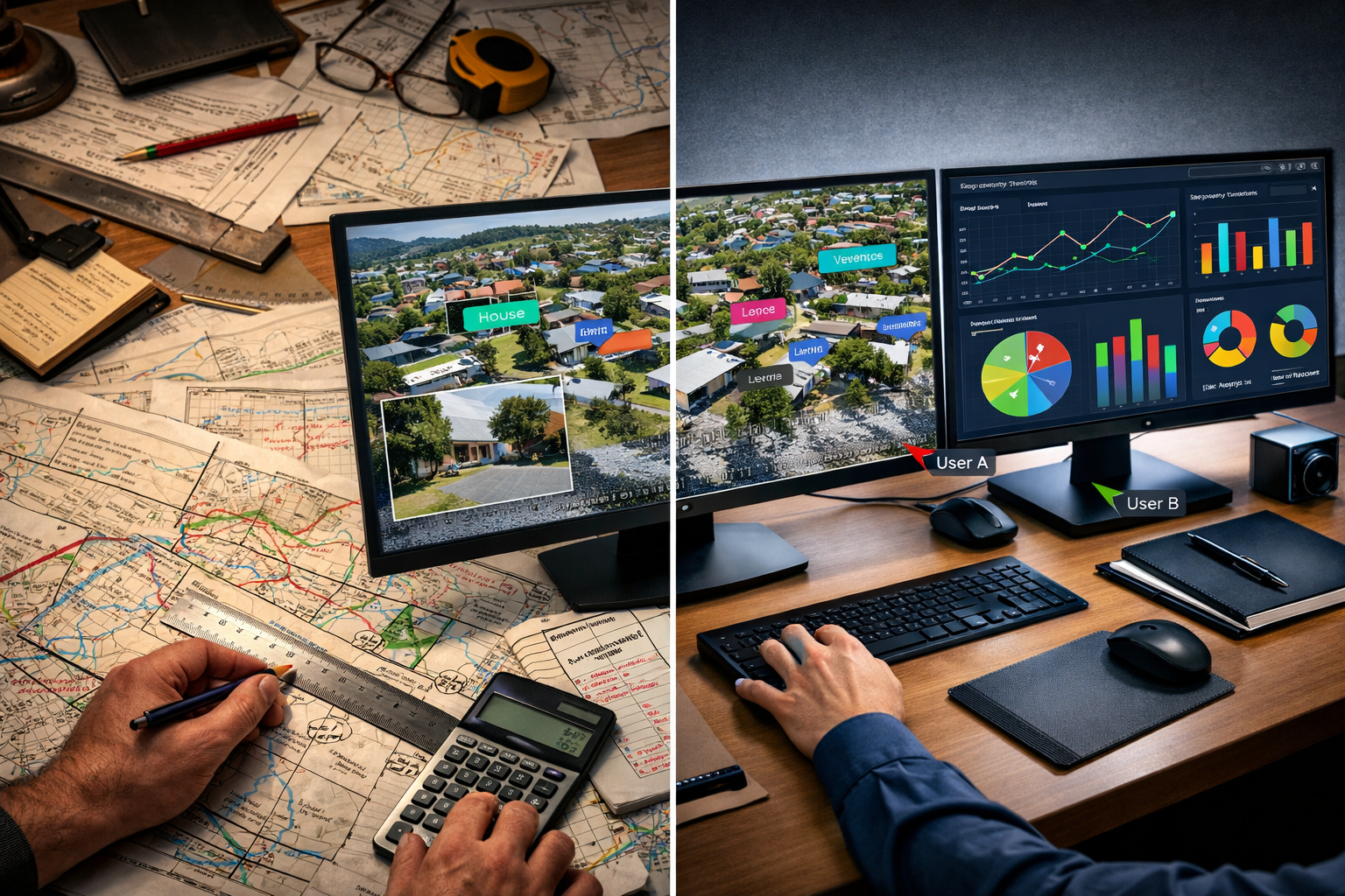 Detailed landscape format (1536x1024) visualization showing split-screen comparison: left side displays traditional paper survey maps scatte