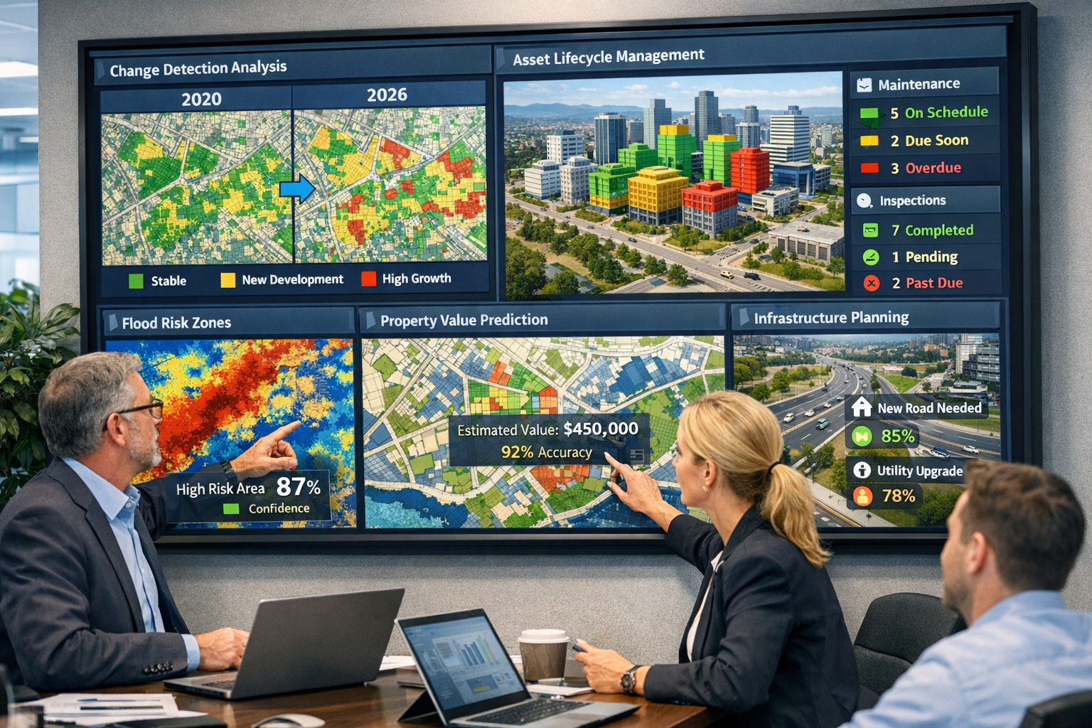 Detailed landscape format (1536x1024) infographic-style image showing enterprise GIS dashboard on large wall-mounted display in modern plann