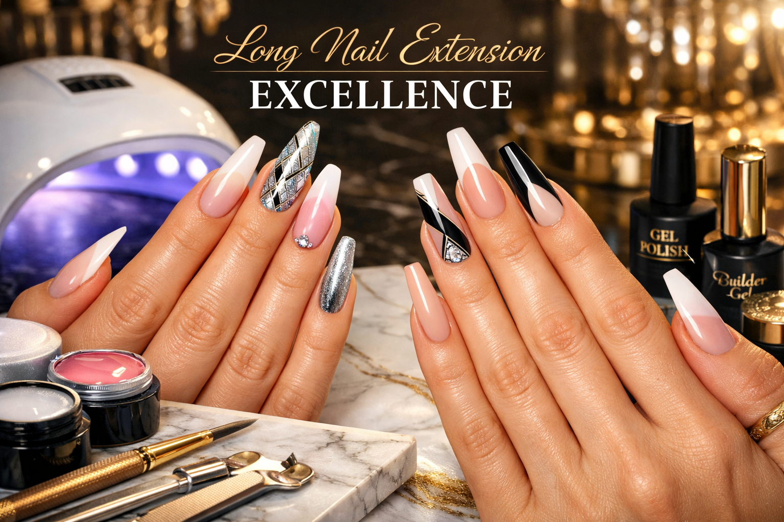 Stunning landscape format (1536x1024) composition featuring hands with glamorous long nail extensions in almond and coffin shapes, showcasin