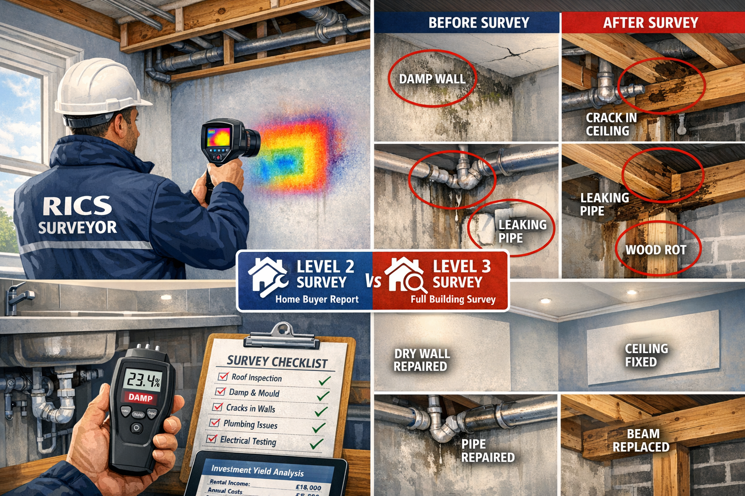 Detailed landscape format (1536x1024) illustration showing professional RICS chartered surveyor conducting comprehensive building survey ins