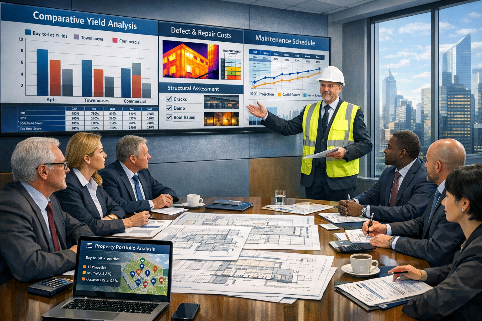 Detailed landscape format (1536x1024) professional scene showing institutional investment team meeting with chartered building surveyor pres