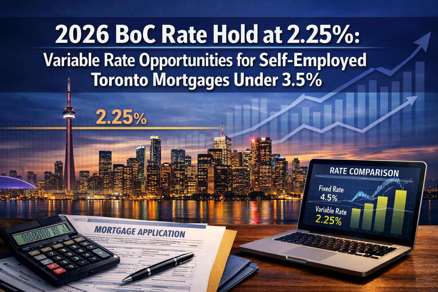 Professional () hero image featuring '2026 BoC Rate Hold at 2.25%: Variable Rate Opportunities for Self-Employed Toronto