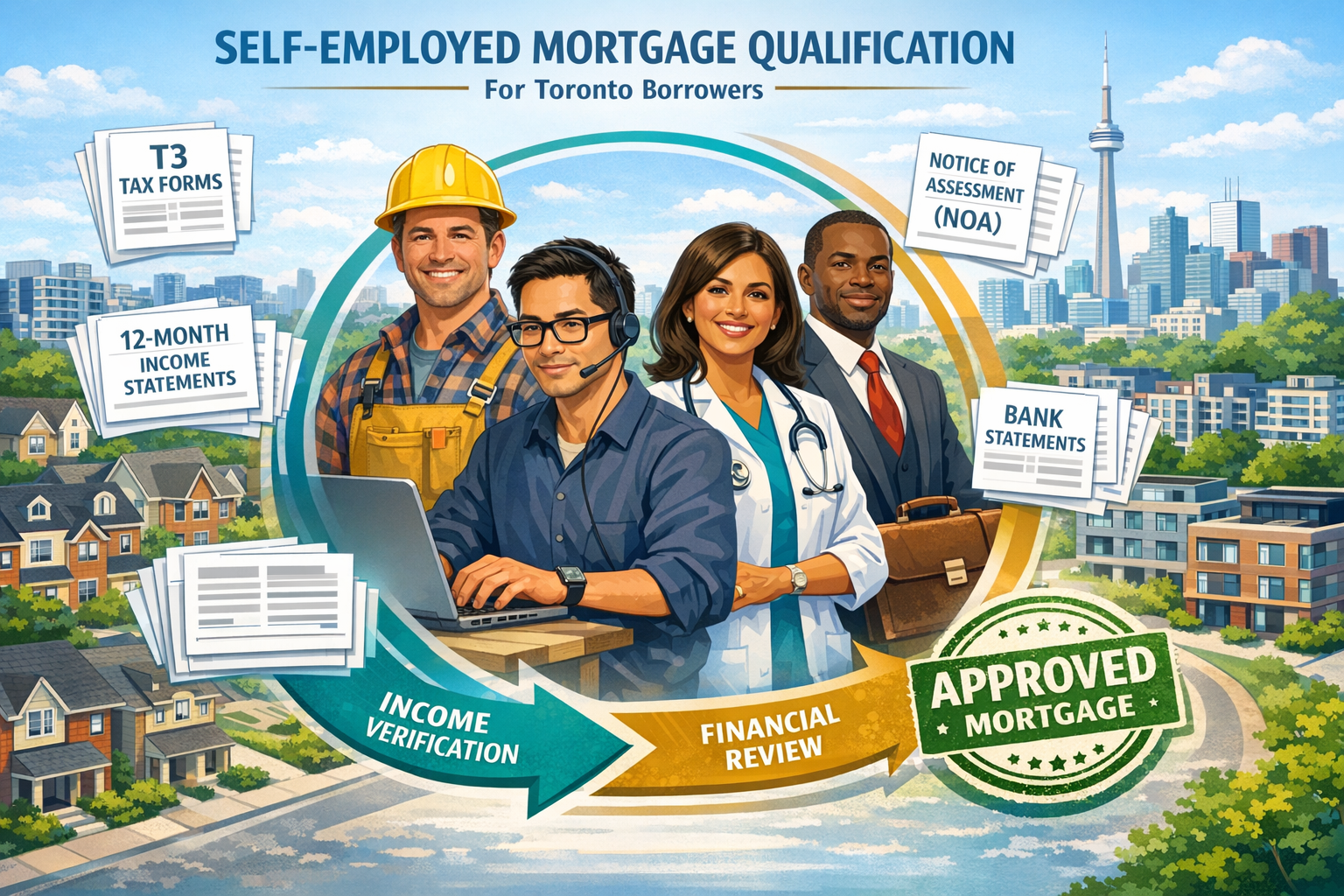 () detailed illustration of self-employed mortgage qualification process for Toronto borrowers. Central focus on diverse
