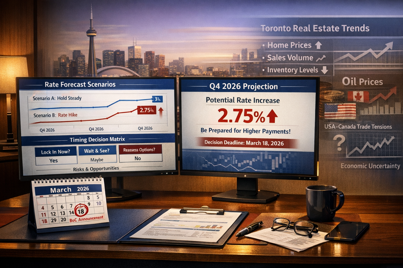 () strategic planning scene showing mortgage rate timing decision matrix for 2026. Foreground features professional
