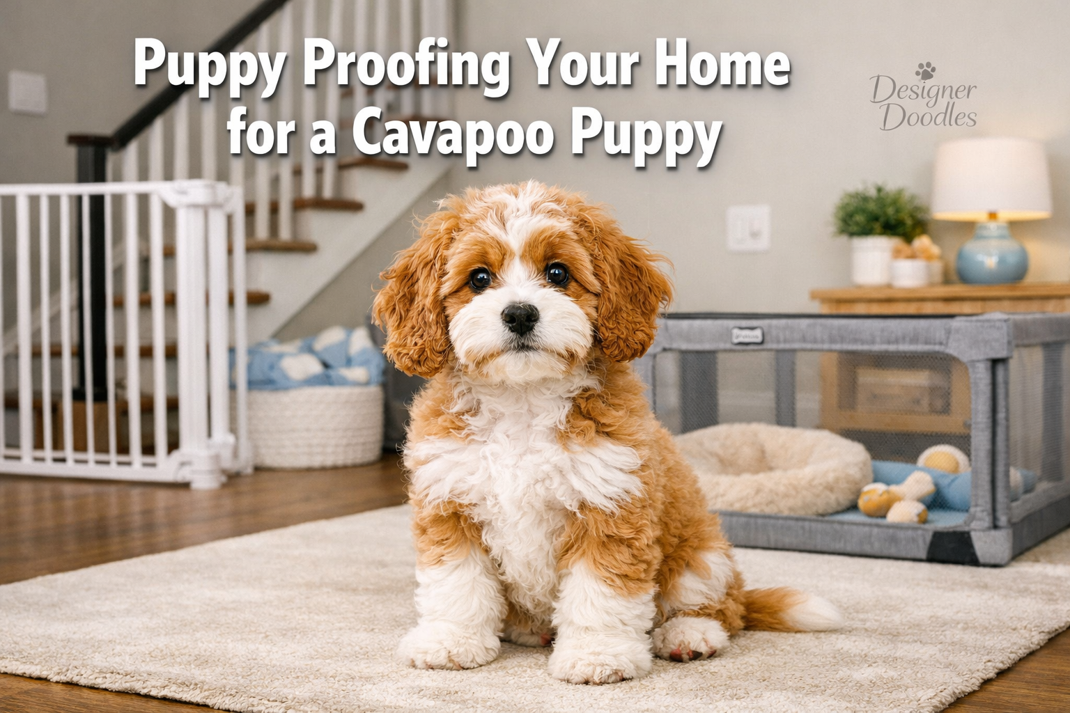 Professional landscape hero image (1536x1024) featuring adorable curly-haired Cavapoo puppy with caramel and white coat sitting in modern li