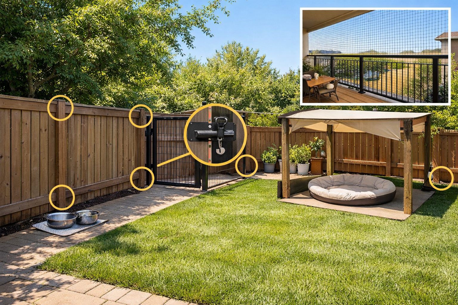 Outdoor backyard scene showing secure fenced yard prepared for Cavapoo puppy with sturdy fence line inspection points highlighted, no gaps v