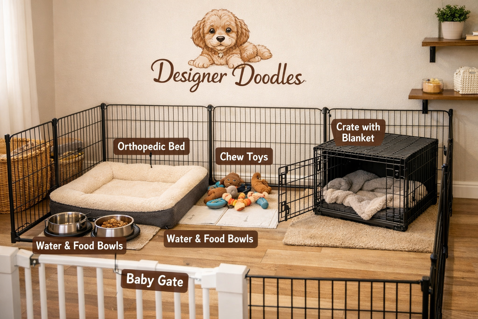 Interior nursery setup showing dedicated Cavapoo puppy safe space with large playpen containing comfortable orthopedic bedding, stainless st
