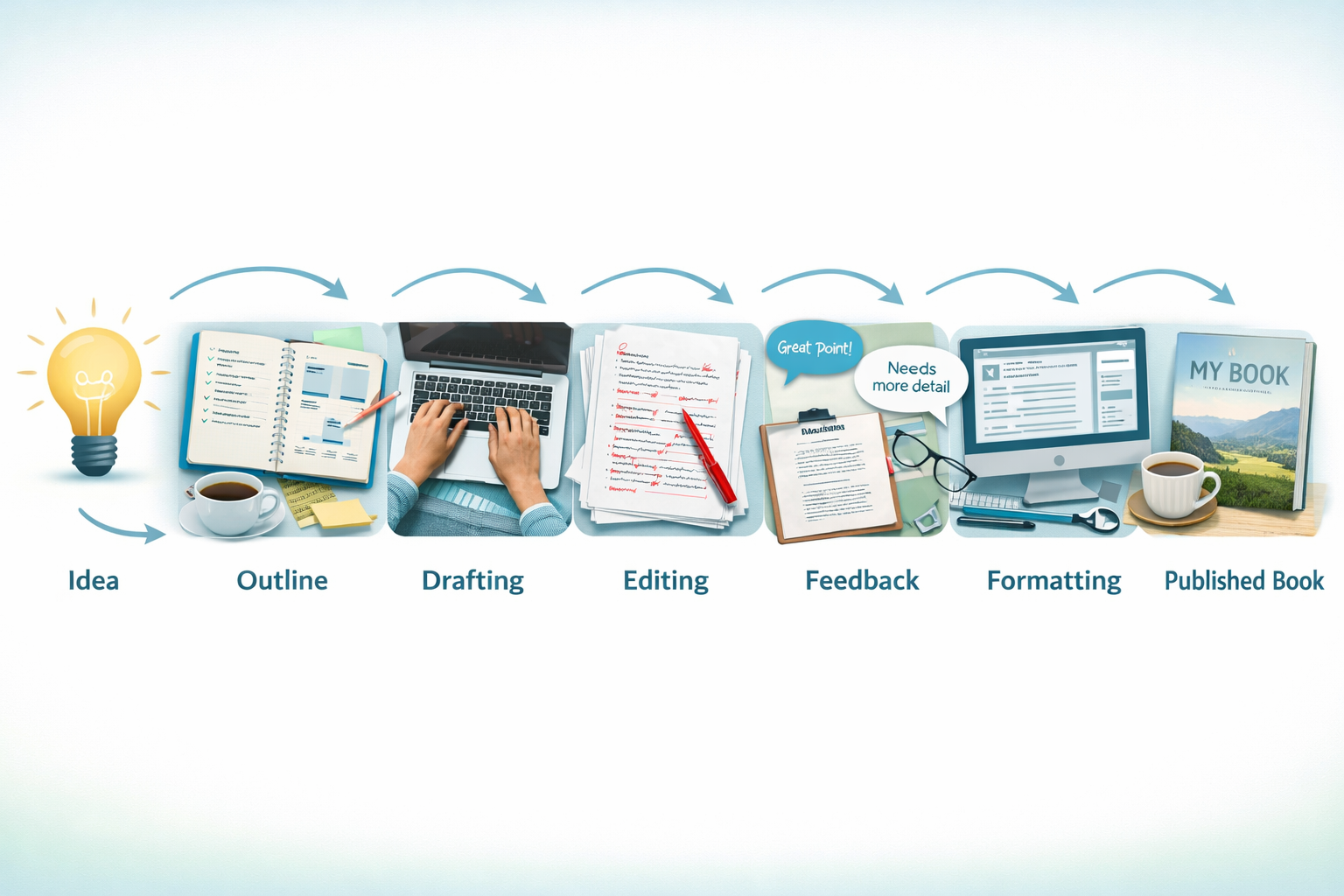 () detailed illustration showing the complete book writing process as a visual flowchart, starting with a lightbulb idea