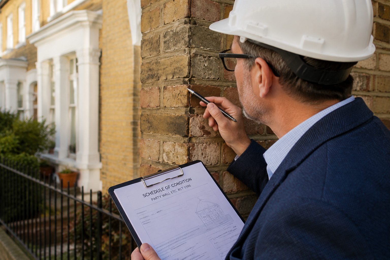 () close-up editorial photograph of a party wall surveyor in a hard hat and suit jacket examining a shared brick boundary