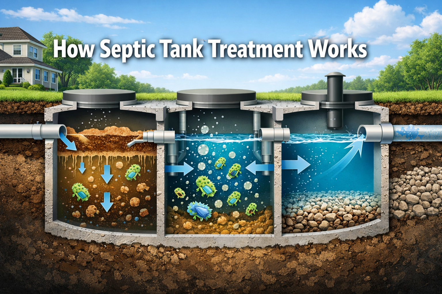 Professional landscape format (1536x1024) hero image featuring bold text overlay 'How Septic Tank Treatment Works' in extra large 72pt white