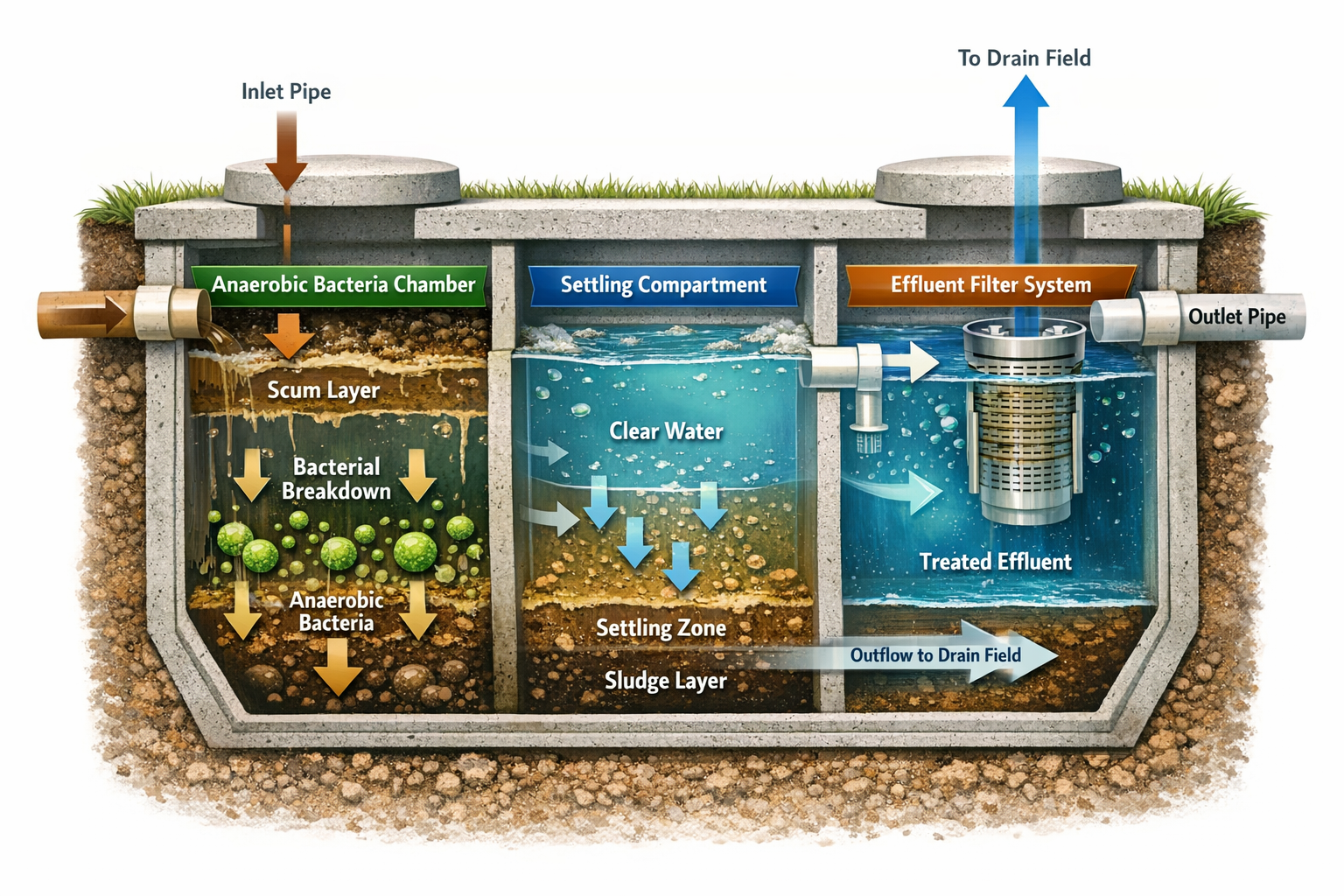 Portrait format (1024x1536) detailed cutaway diagram of septic tank showing three distinct treatment zones - anaerobic bacteria chamber, set