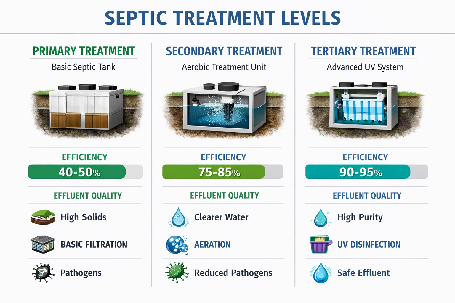 Portrait format (1024x1536) comparison infographic showing three septic treatment levels - basic primary treatment tank, secondary treatment
