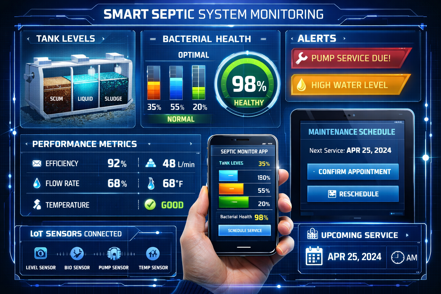Portrait format (1024x1536) smart septic system monitoring dashboard display showing real-time tank levels, bacterial health indicators, mai