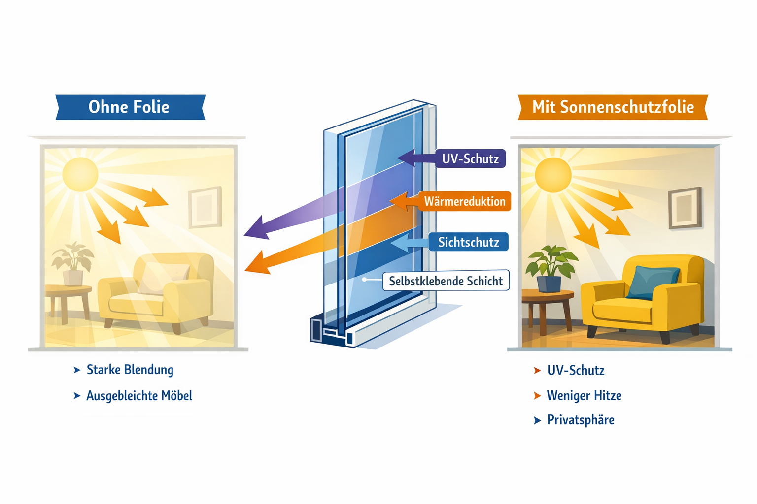 () detailed infographic-style illustration showing cross-section diagram of a window with Sonnenschutzfolie layers labeled