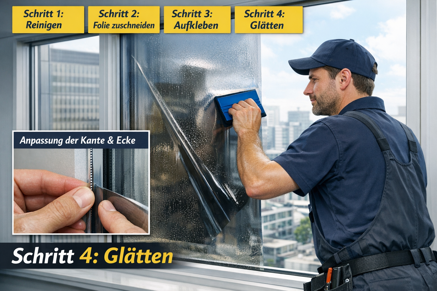 () showing a professional installer in work clothes carefully applying Sonnenschutzfolie to a large office window, using a