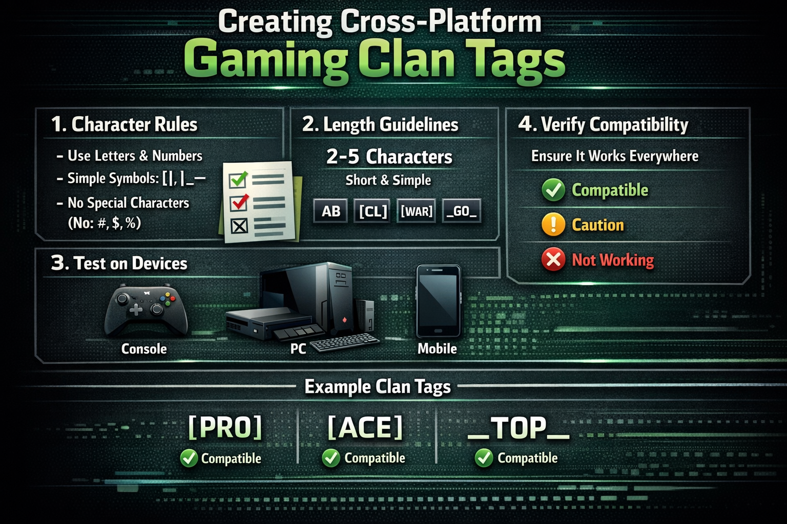 Step-by-step visual guide showing how to create cross-platform gaming clan tags with character selection rules, length guidelines (2-5 chara