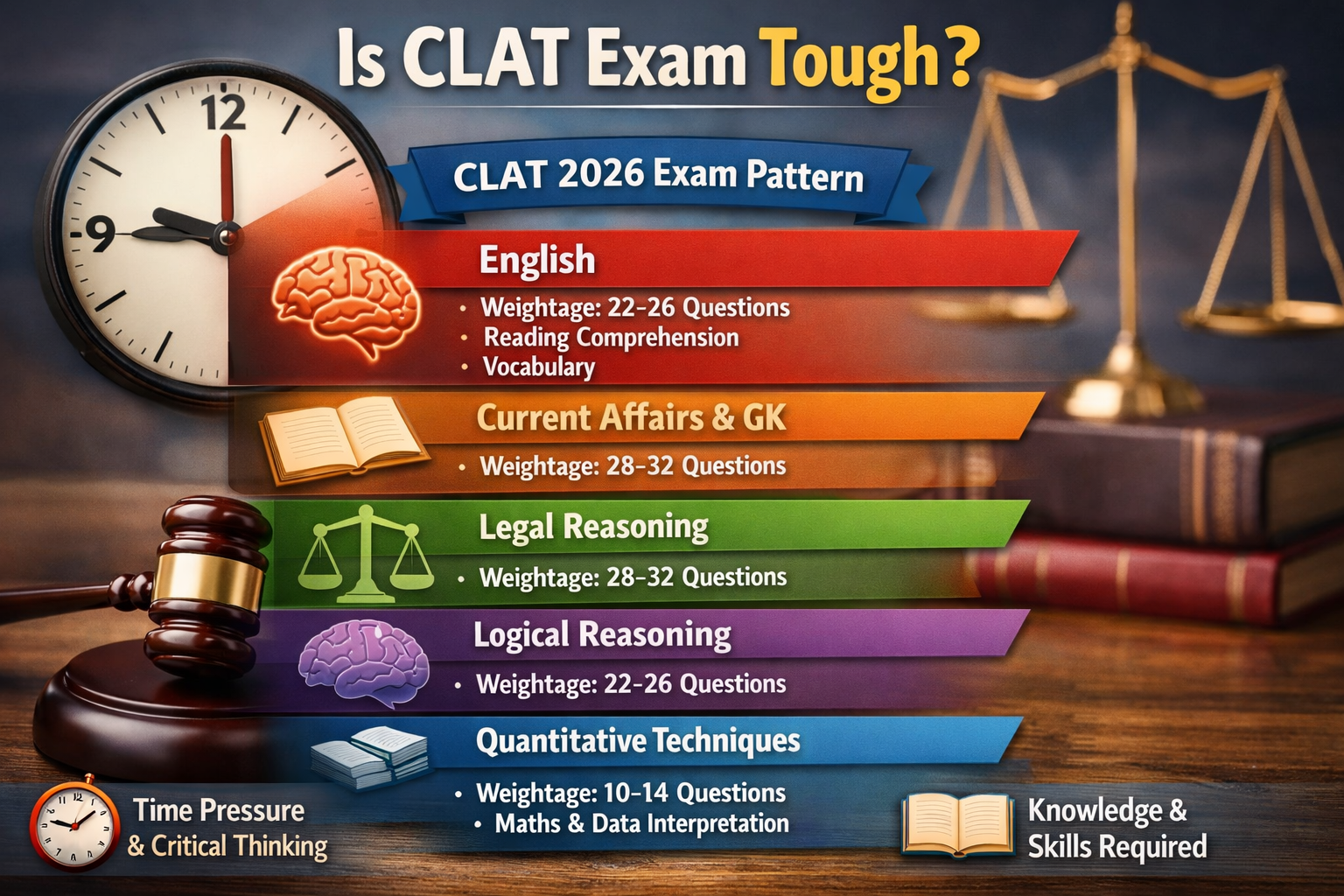 A visually engaging infographic illustrating the CLAT exam pattern for 2026, showcasing the five sections (English, Current Affairs includin