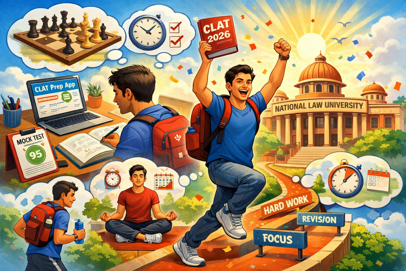 A dynamic illustration of a student successfully navigating the CLAT preparation journey, with elements representing focused study, mock tes