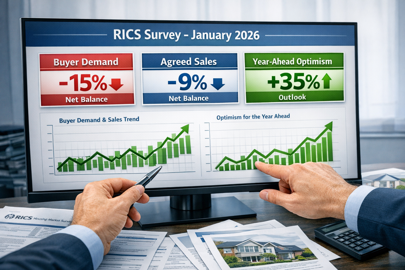 Detailed () image showing close-up of RICS January 2026 survey dashboard on large monitor with multiple key metrics