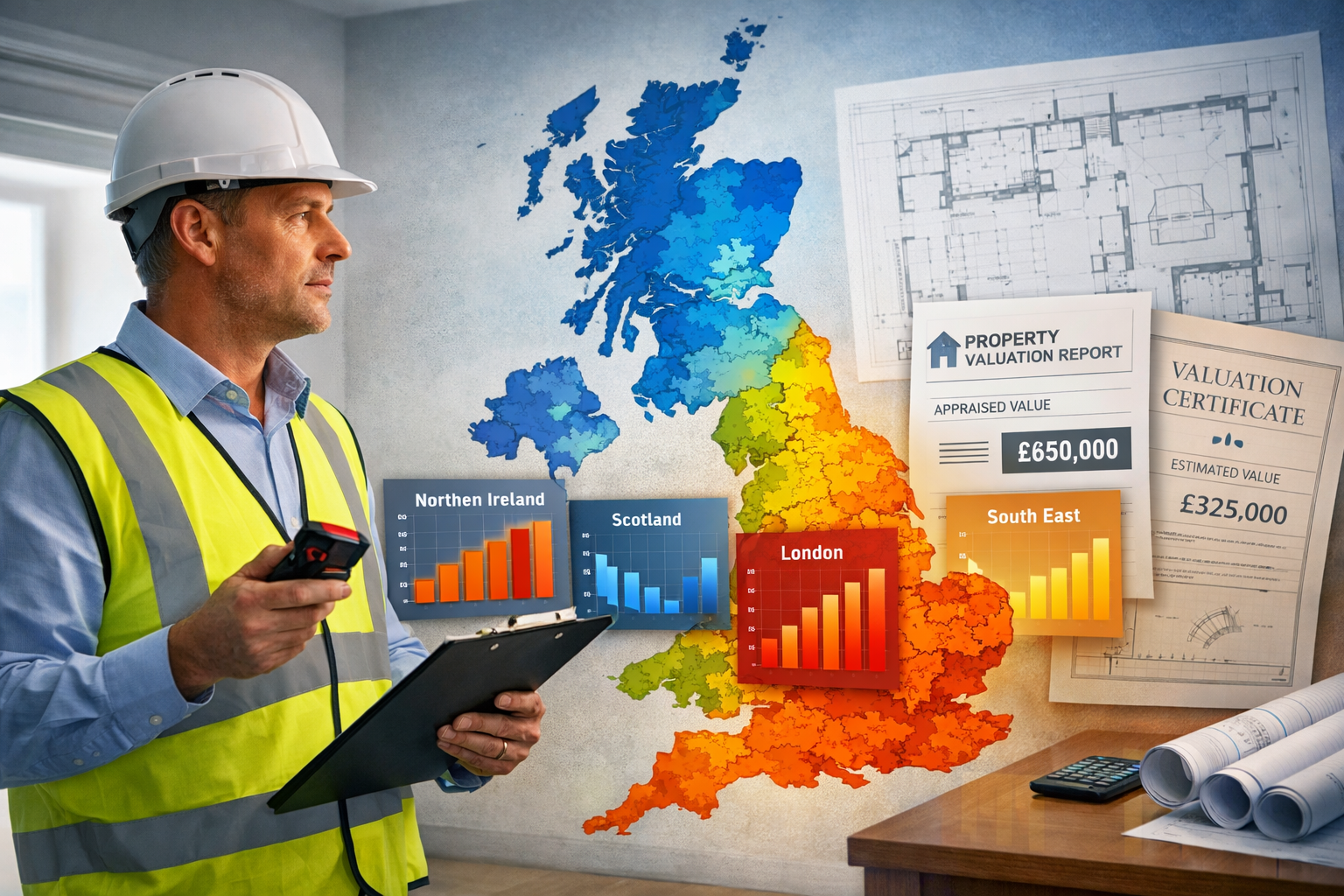 Wide () image depicting UK map with regional property valuation variations illustrated through color-coded heat map showing