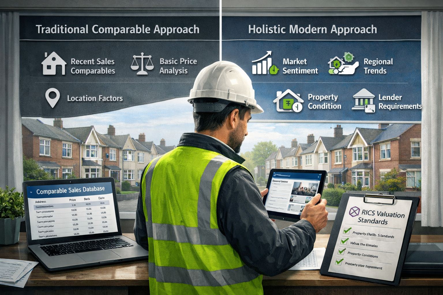 Comprehensive () image showing modern valuation strategy workflow: central focus on professional surveyor using advanced