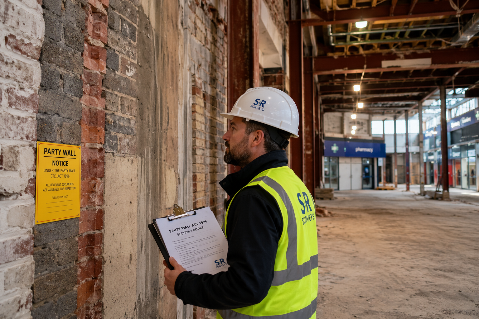 Wide-angle ground-level photograph of a UK chartered surveyor in high-visibility vest and hard hat examining a shared party