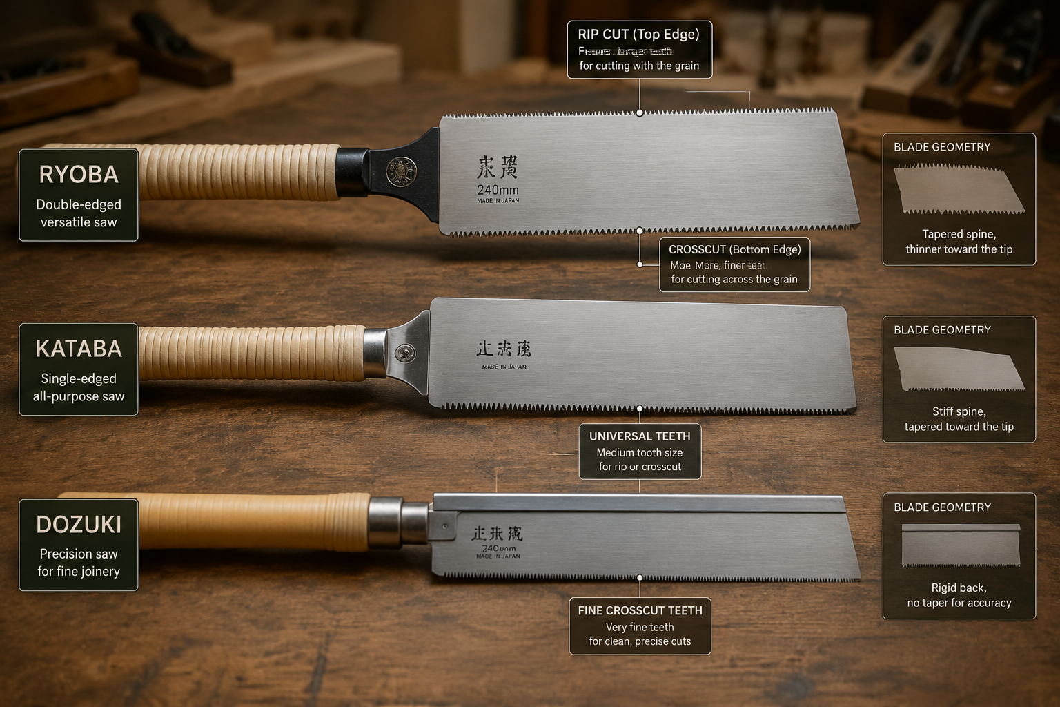 A detailed close-up, () shot illustrating the distinct features of three Japanese hand saws: a Ryoba, a Kataba, and a