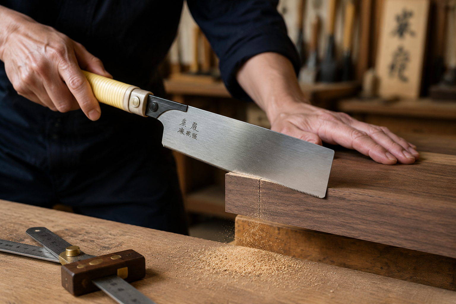 An action-oriented, () image showing a woodworker demonstrating the pull stroke technique with a Japanese hand saw on a