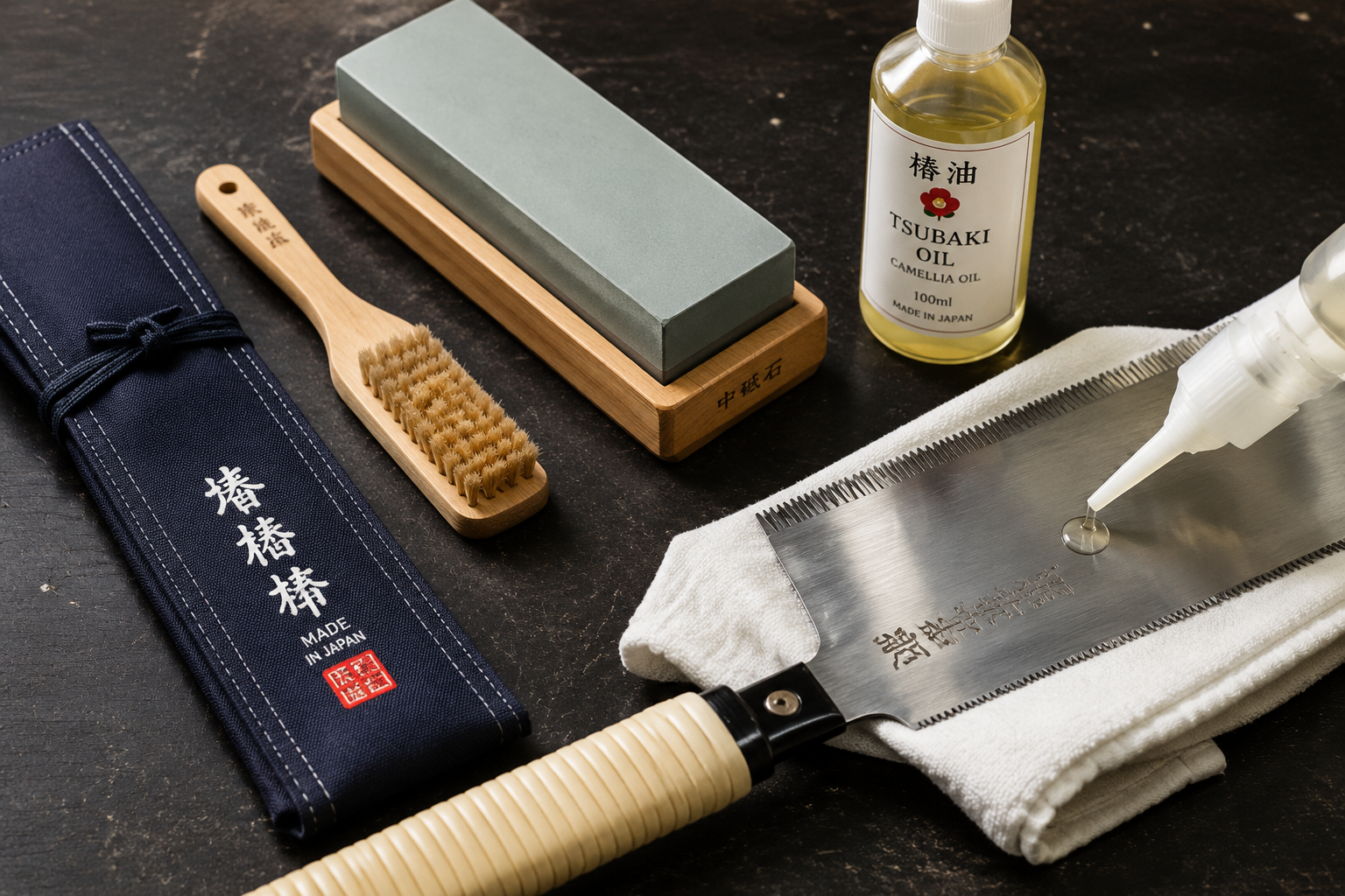 A clean, still-life, () image displaying various saw maintenance tools neatly arranged on a dark, contrasting workbench.