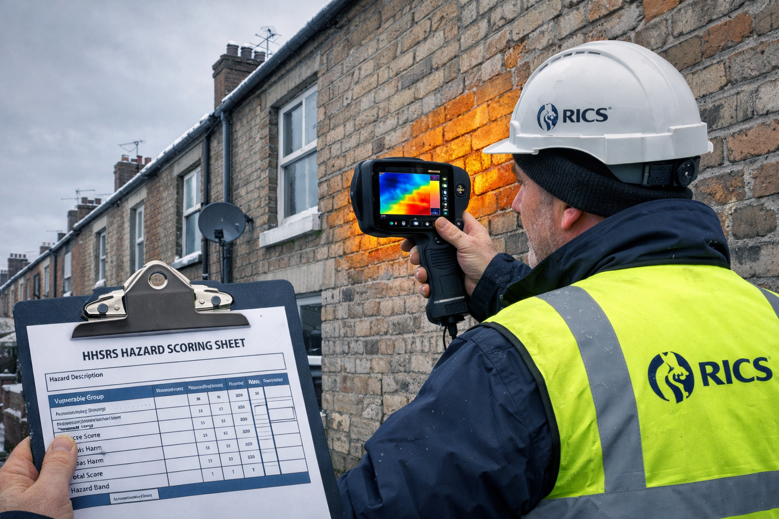 Wide-angle editorial photograph of a RICS chartered surveyor in a hi-vis vest using a thermal imaging camera to assess cold