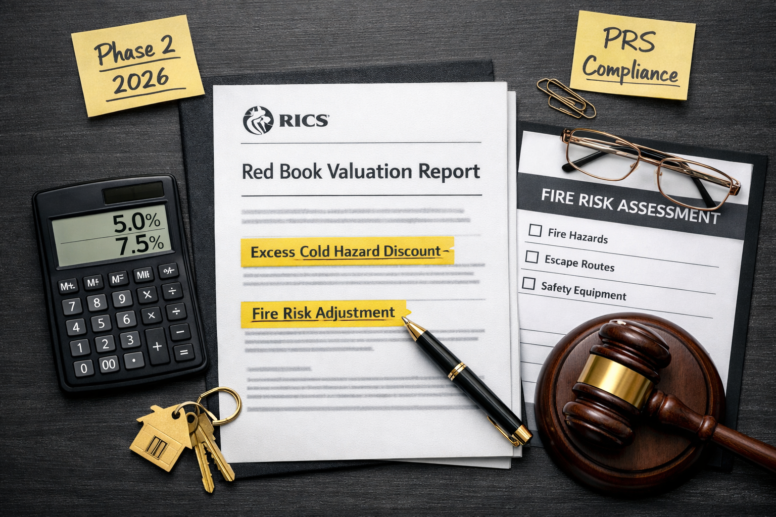 Flat-lay infographic style image on a dark charcoal desk surface showing a formal RICS Red Book valuation report document