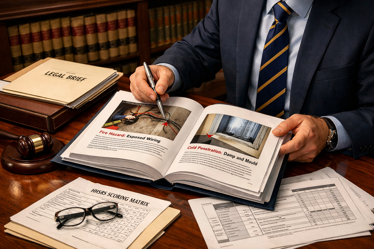 Close-up editorial image of a professional expert witness surveyor at a courtroom-style wooden desk, reviewing a thick