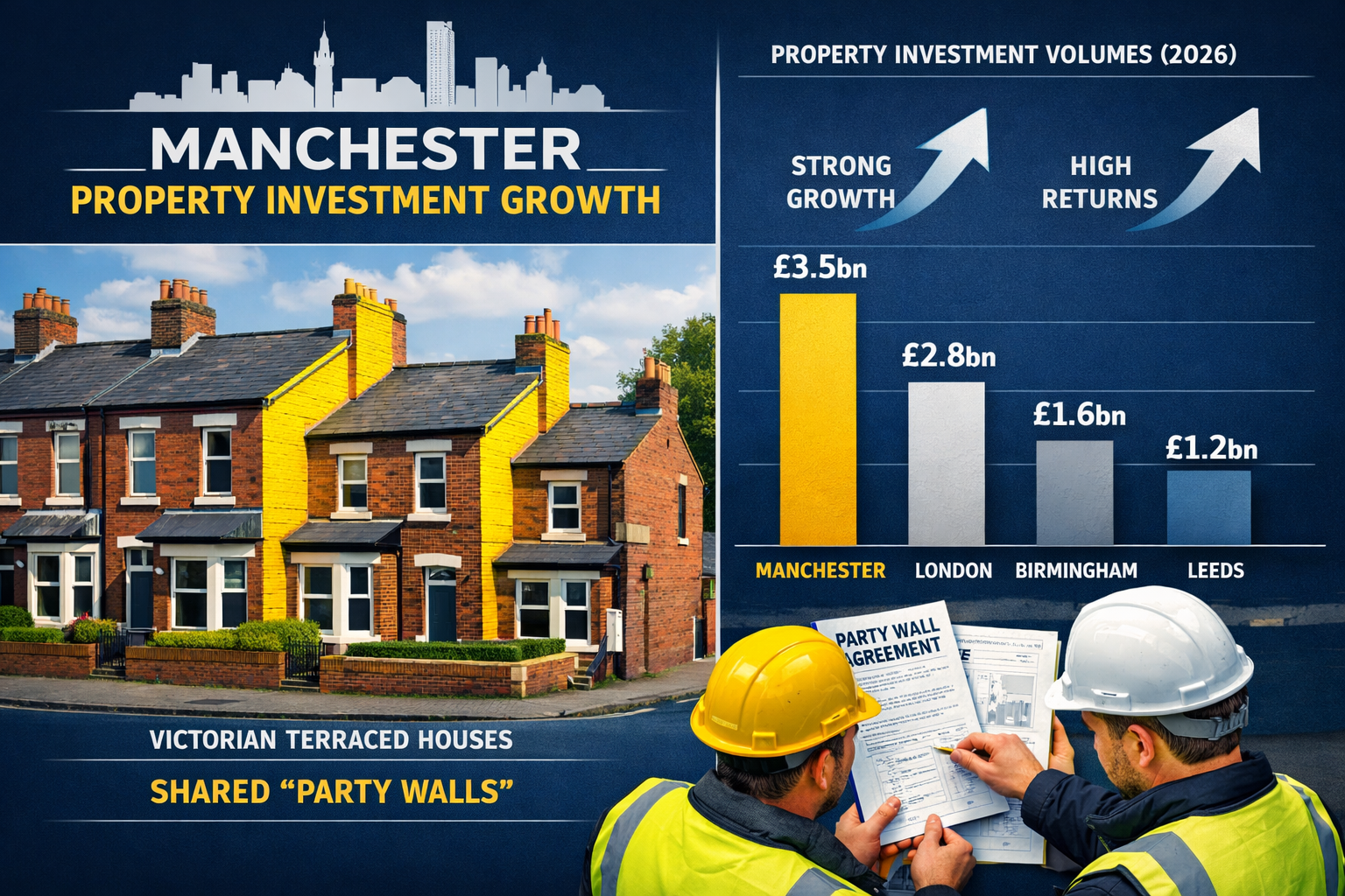Landscape format (1536x1024) detailed infographic showing Manchester property investment growth with split-screen composition: left side dis