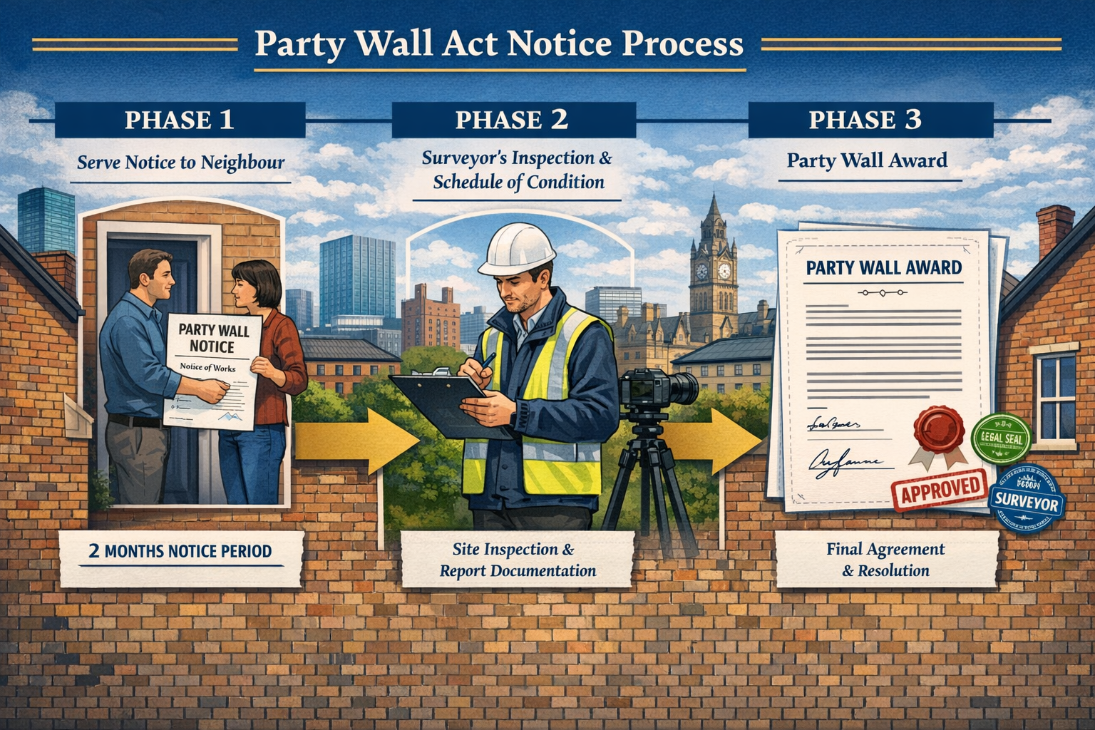 Landscape format (1536x1024) detailed illustration of Party Wall Act notice process workflow diagram with three distinct phases: Phase 1 sho